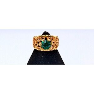 DAC Gold Tone Green Emerald Cut Stone Filigree Wide Band Cocktail Ring Size 5